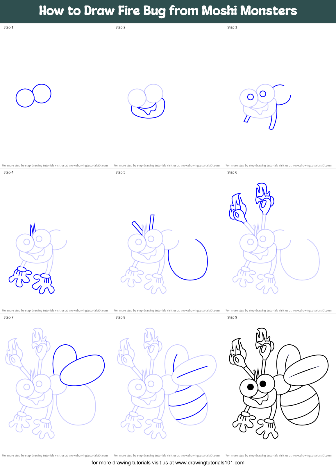 How to Draw Fire Bug from Moshi Monsters Printable Step by Step