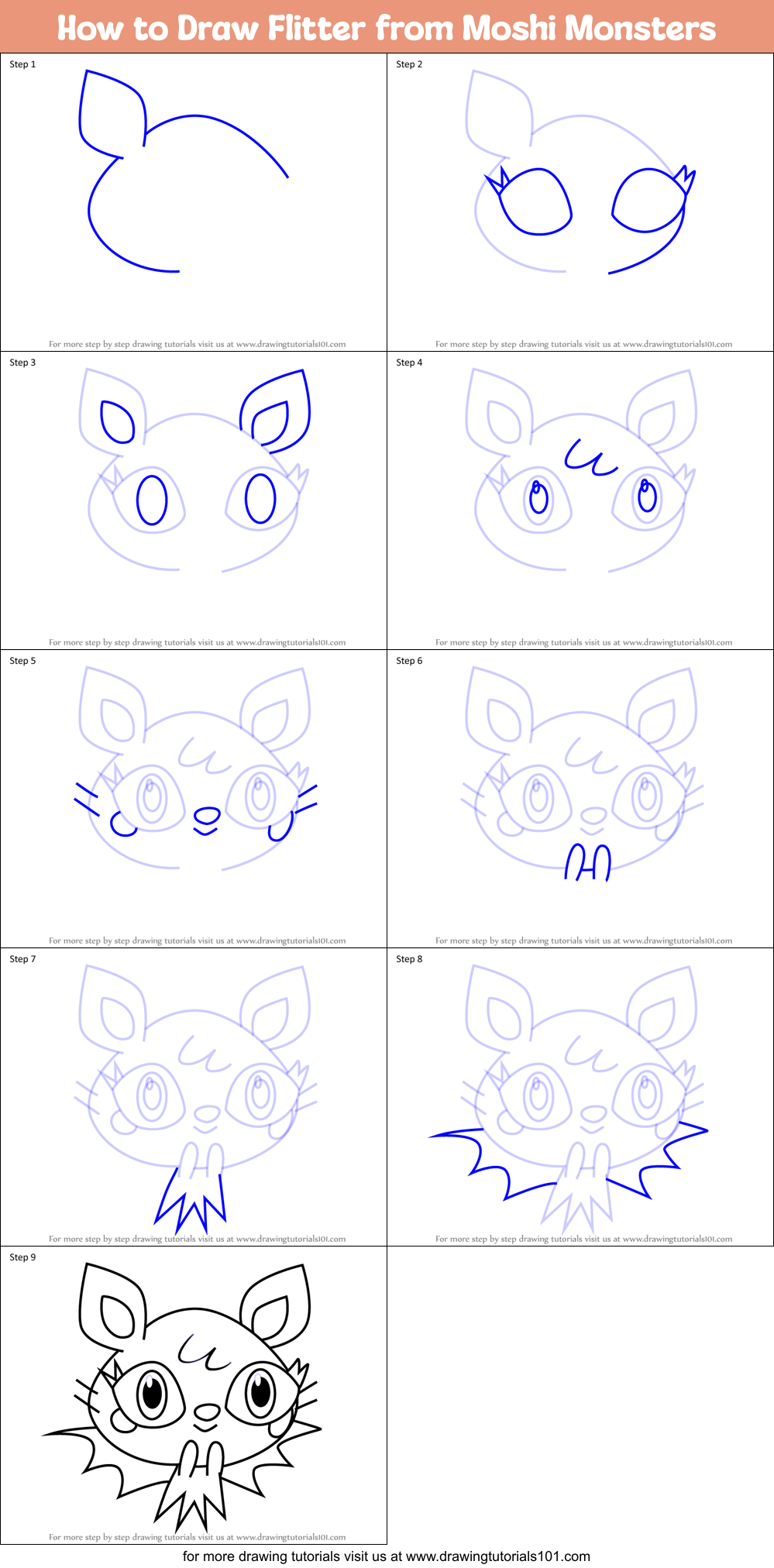 How to Draw Flitter from Moshi Monsters Printable Step by Step