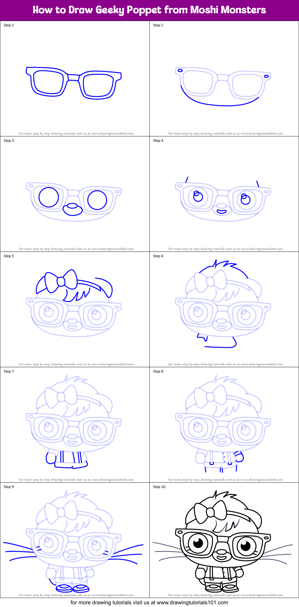 How to Draw Geeky Poppet from Moshi Monsters Printable Step by Step