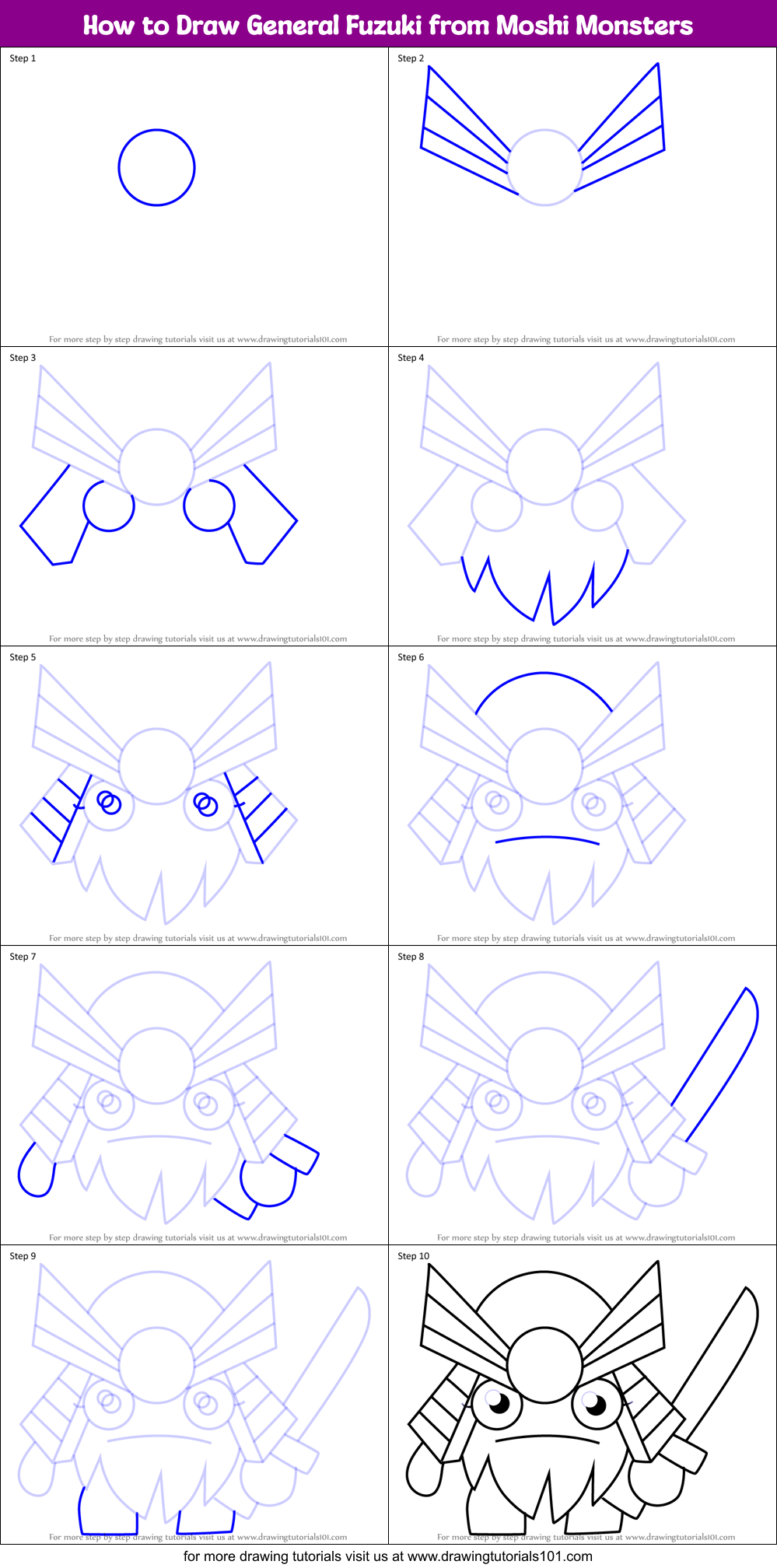 How to Draw General Fuzuki from Moshi Monsters Printable Step by Step