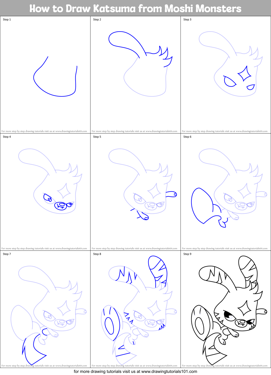 How to Draw Katsuma from Moshi Monsters Printable Step by Step