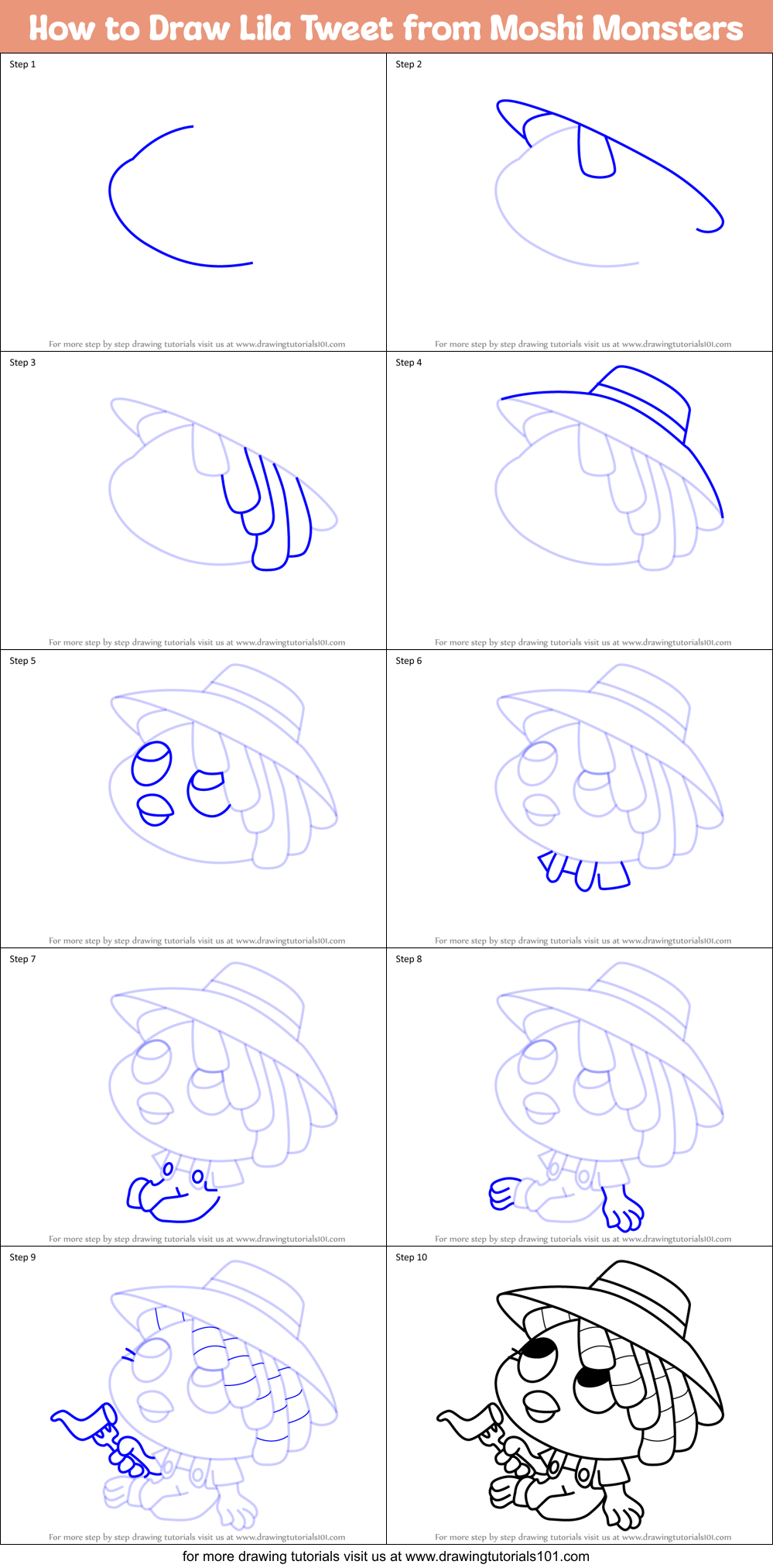 How to Draw Lila Tweet from Moshi Monsters Printable Step by Step