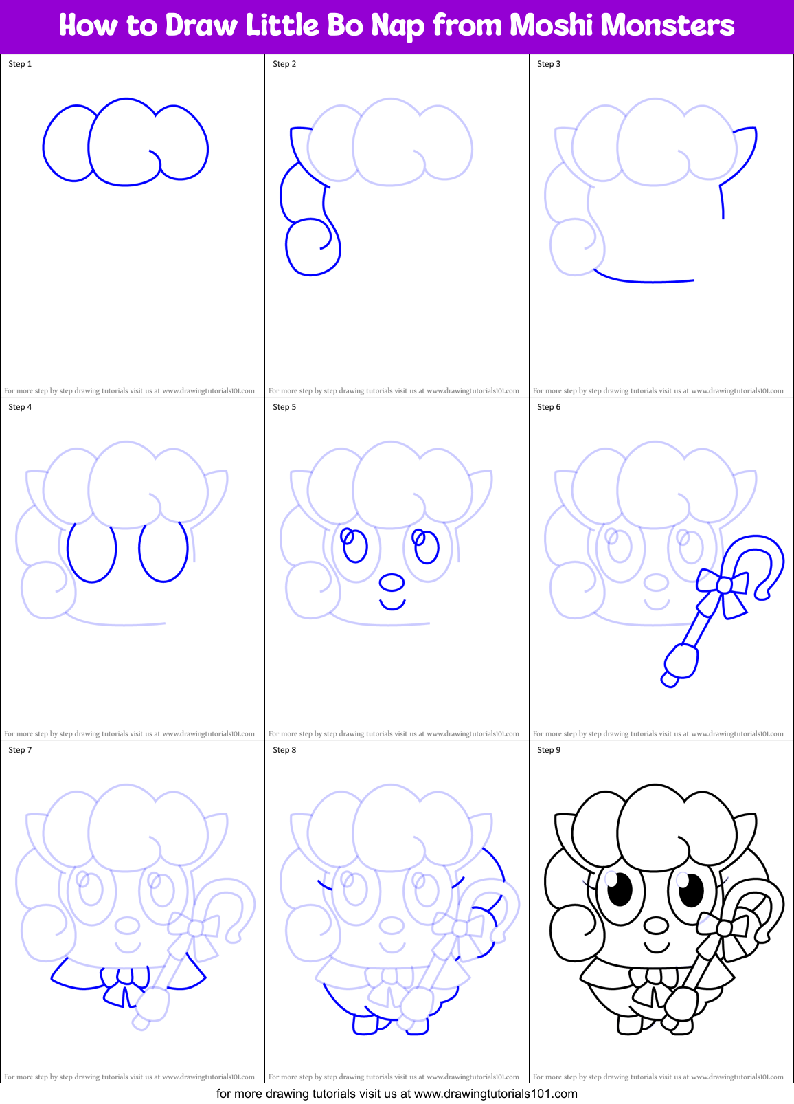 How to Draw Little Bo Nap from Moshi Monsters Printable Step by Step