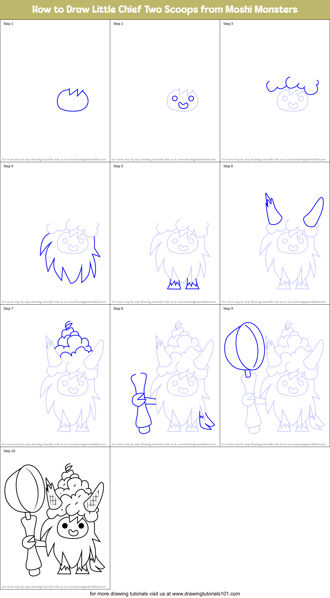 How to Draw Little Chief Two Scoops from Moshi Monsters Printable Step by Step