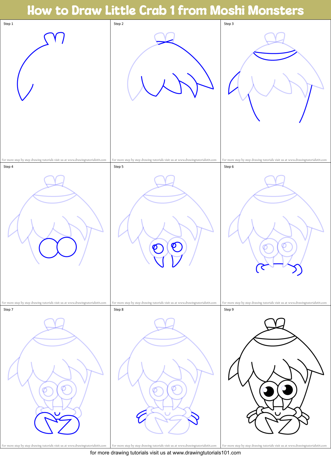 How to Draw Little Crab 1 from Moshi Monsters Printable Step by Step