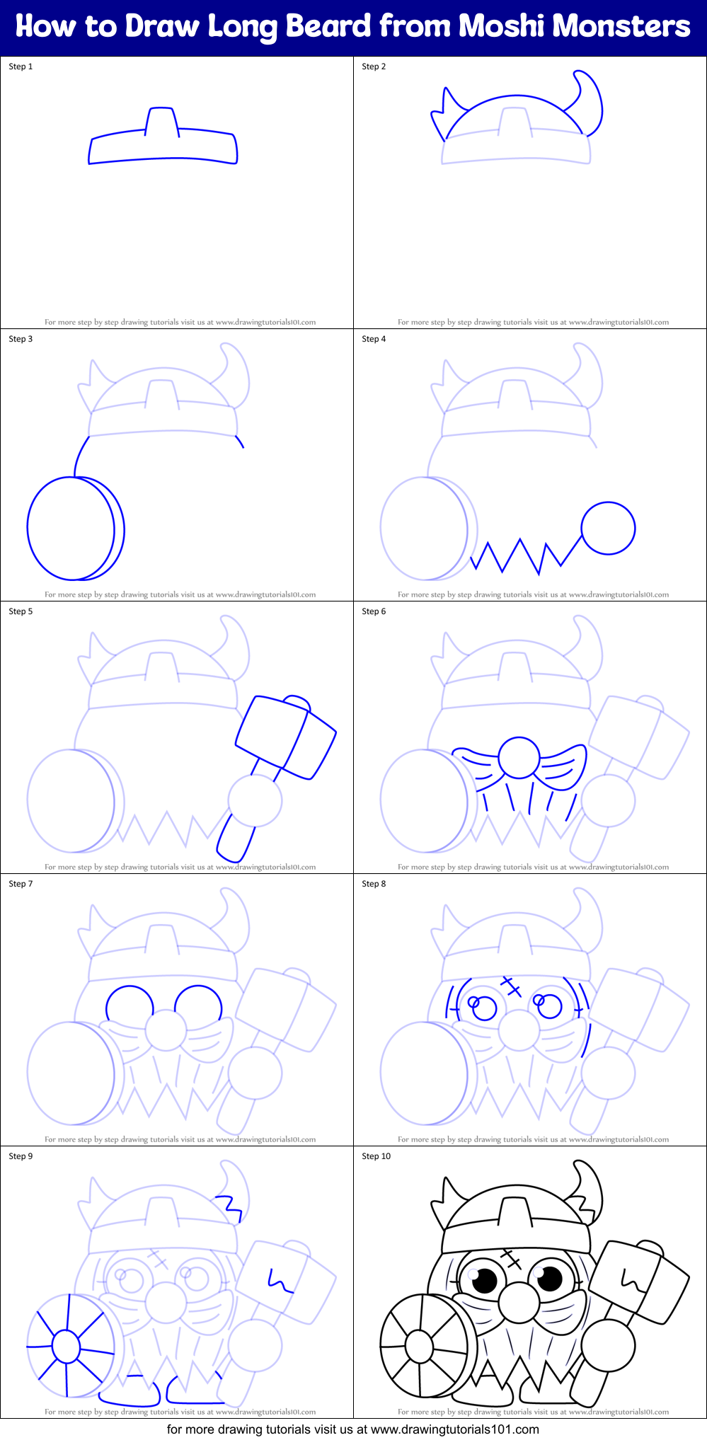How to Draw Long Beard from Moshi Monsters Printable Step by Step