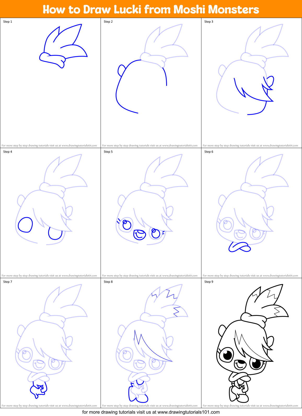 How to Draw Lucki from Moshi Monsters Printable Step by Step