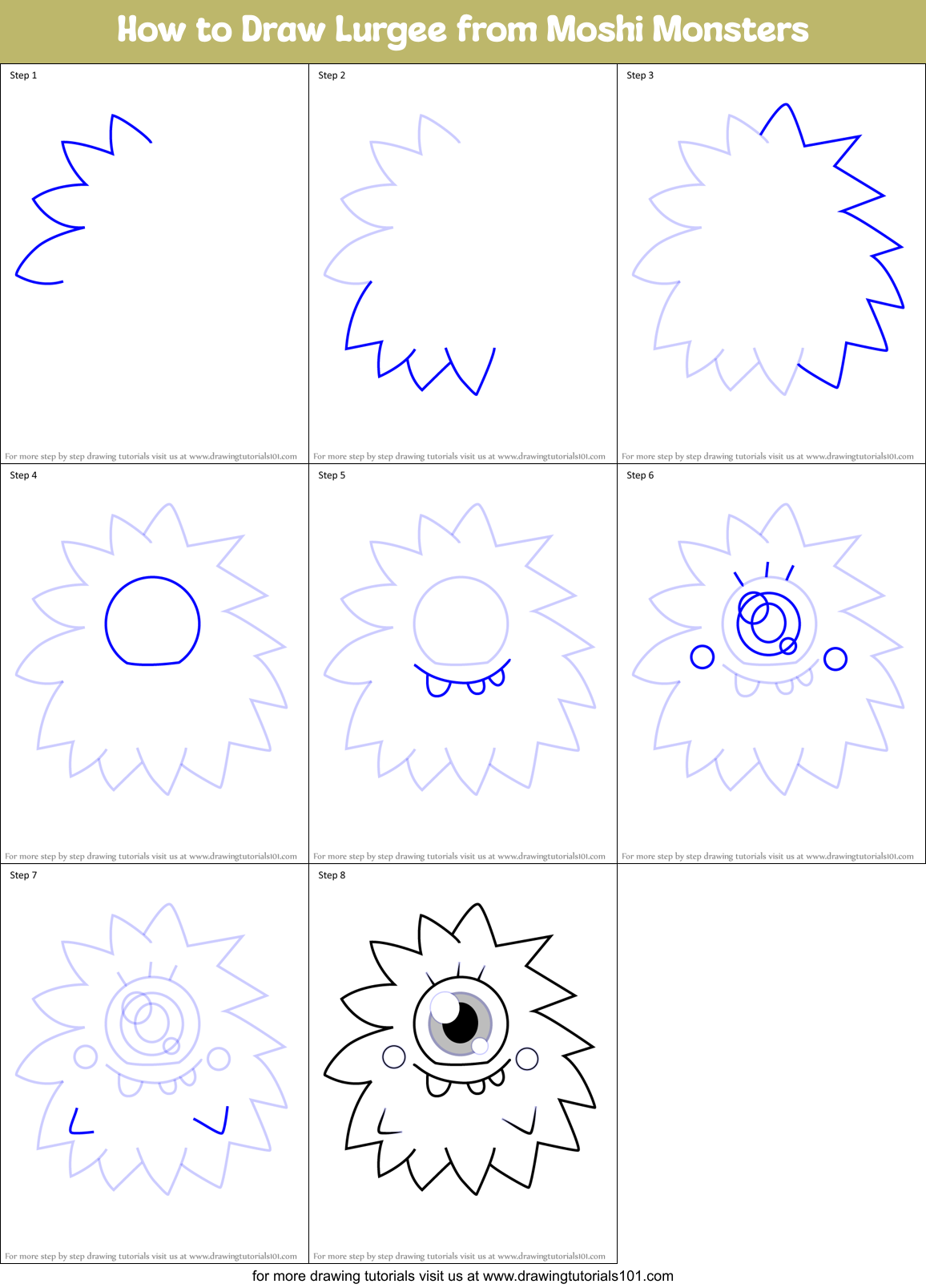 How to Draw Lurgee from Moshi Monsters Printable Step by Step