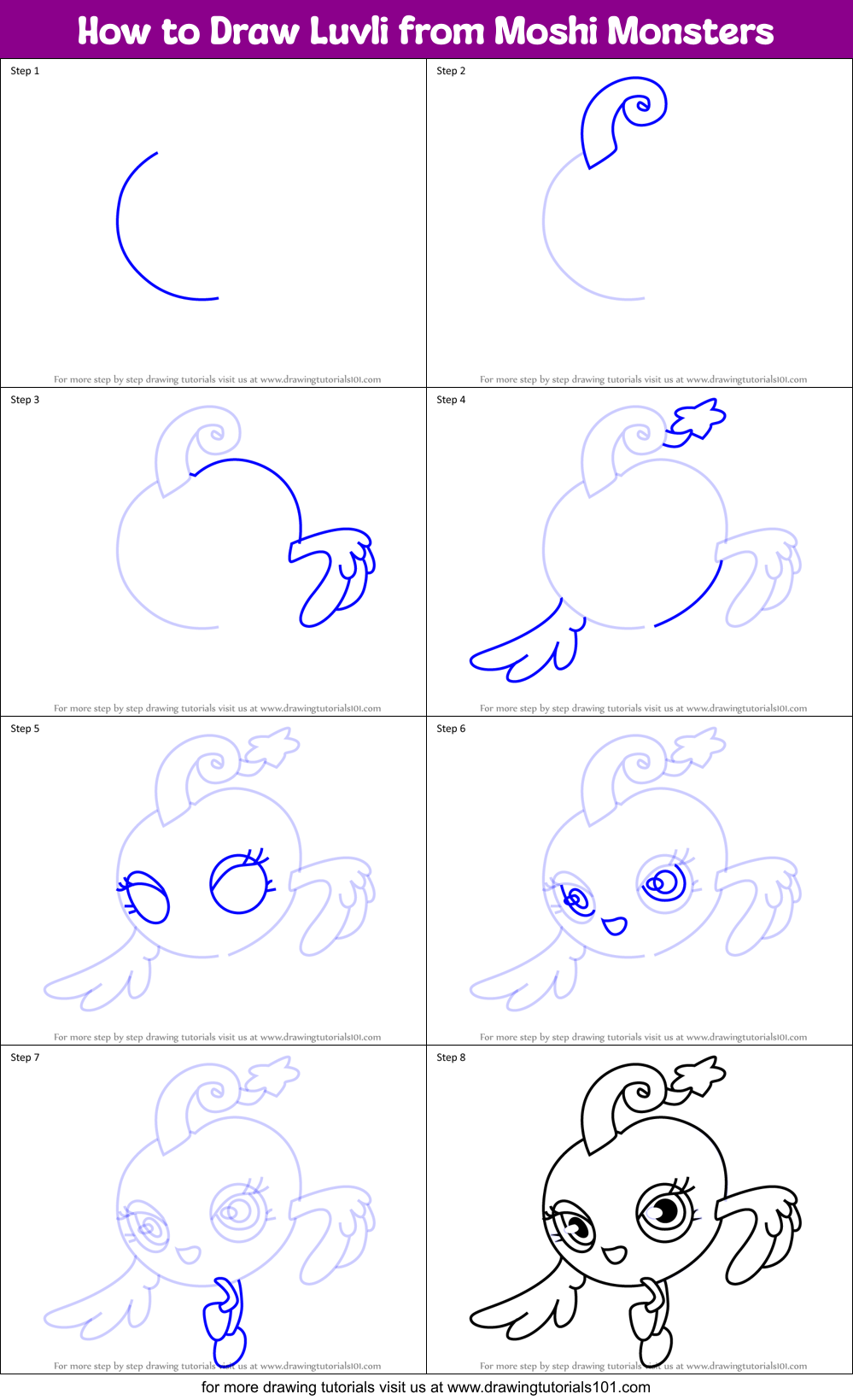 How to Draw Luvli from Moshi Monsters Printable Step by Step