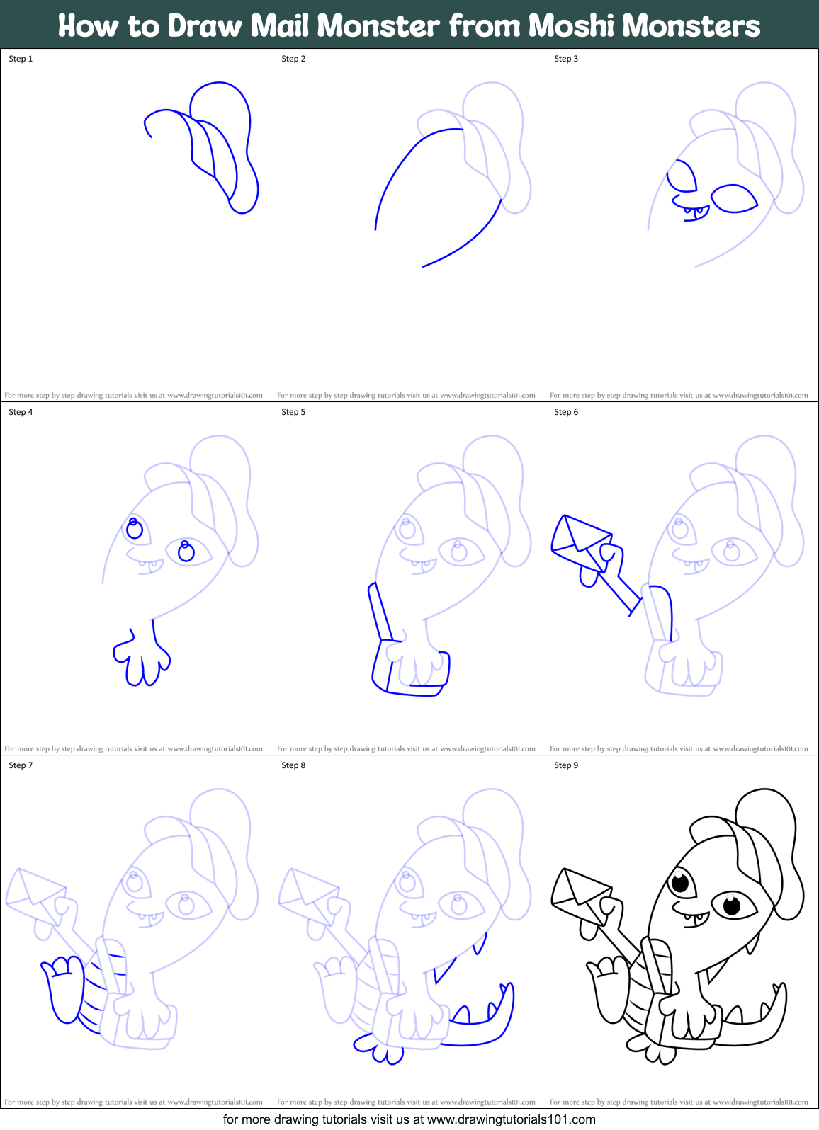 How to Draw Mail Monster from Moshi Monsters Printable Step by Step