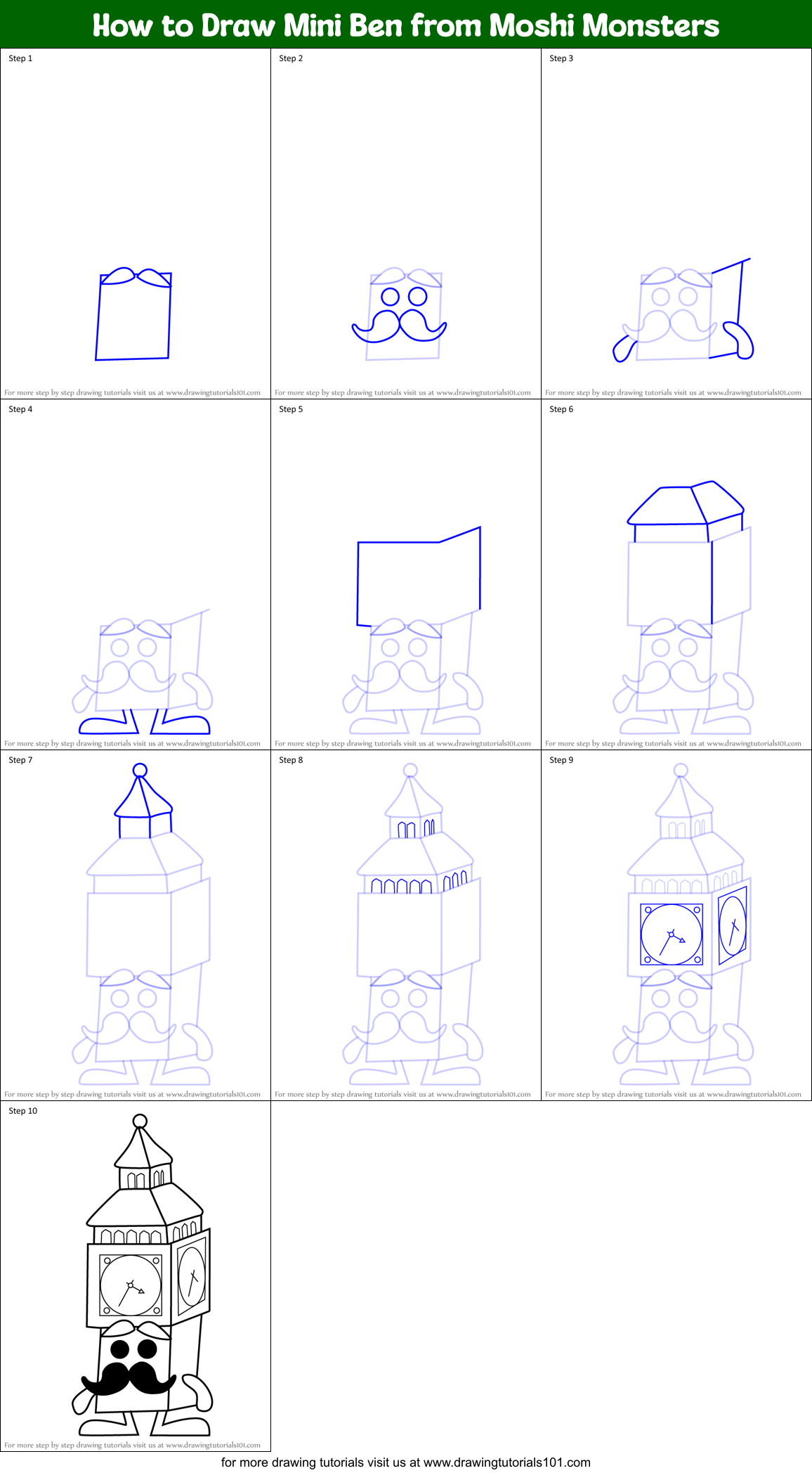 How to Draw Mini Ben from Moshi Monsters Printable Step by Step