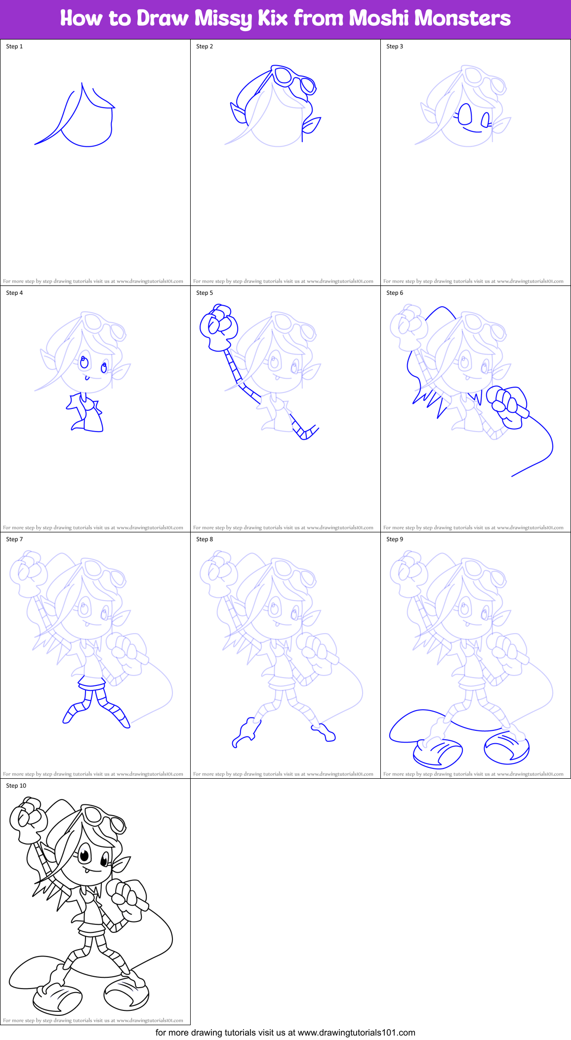 How to Draw Missy Kix from Moshi Monsters Printable Step by Step