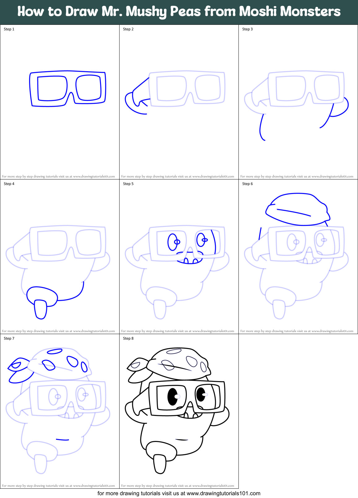 How to Draw Mr. Mushy Peas from Moshi Monsters Printable Step by Step