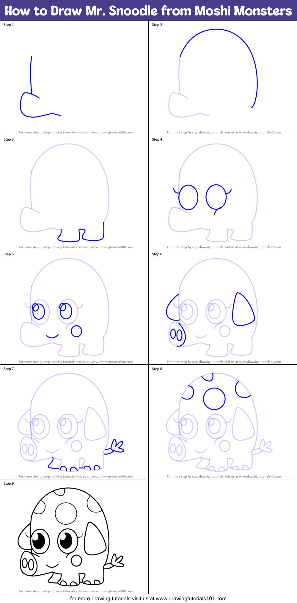How to Draw Mr. Snoodle from Moshi Monsters Printable Step by Step