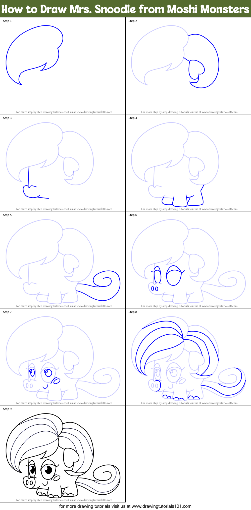How to Draw Mrs. Snoodle from Moshi Monsters Printable Step by Step