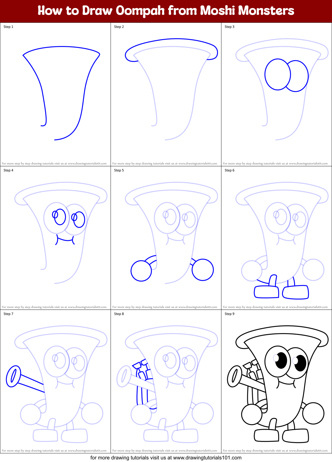 How to Draw Oompah from Moshi Monsters Printable Step by Step