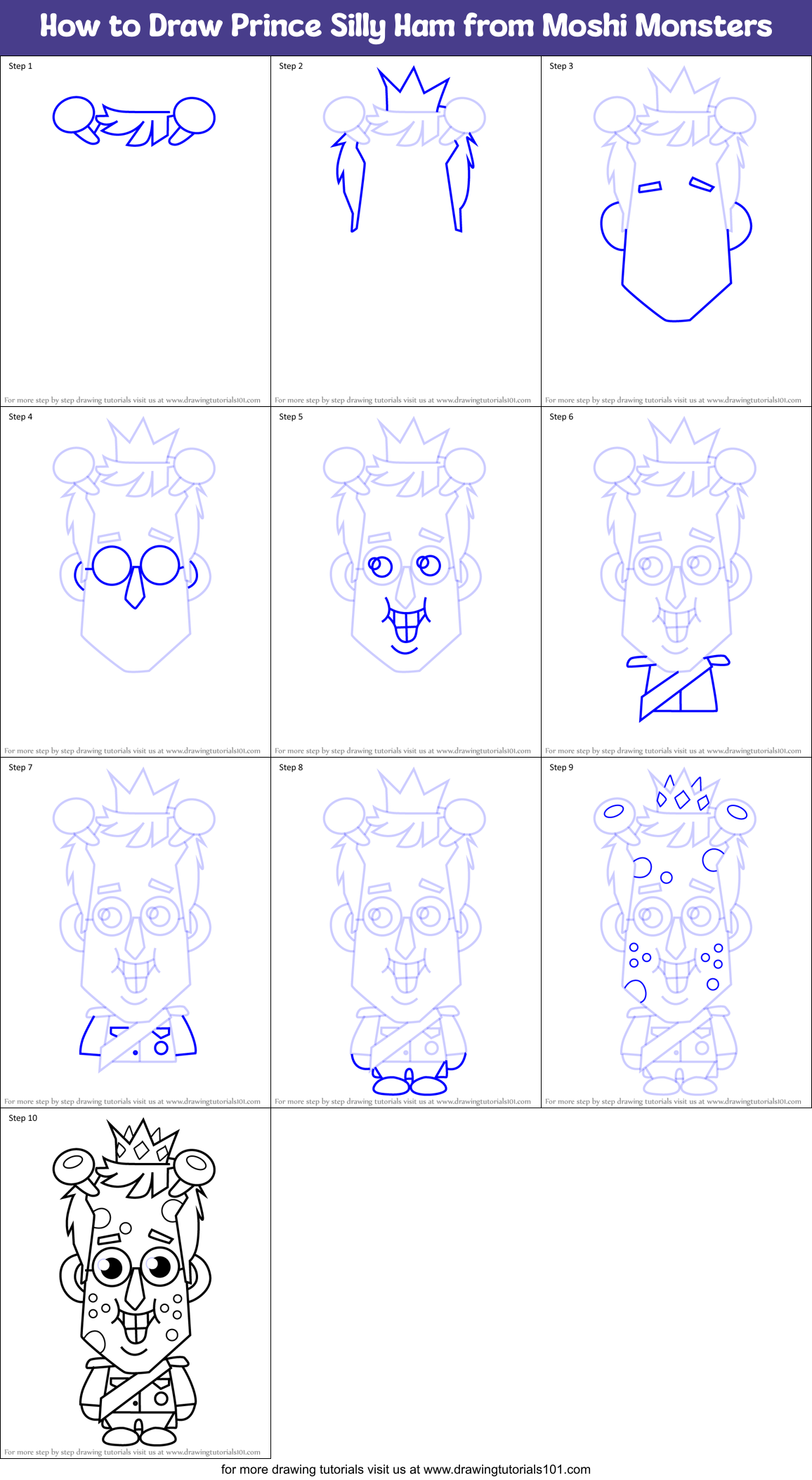 How to Draw Prince Silly Ham from Moshi Monsters Printable Step by Step