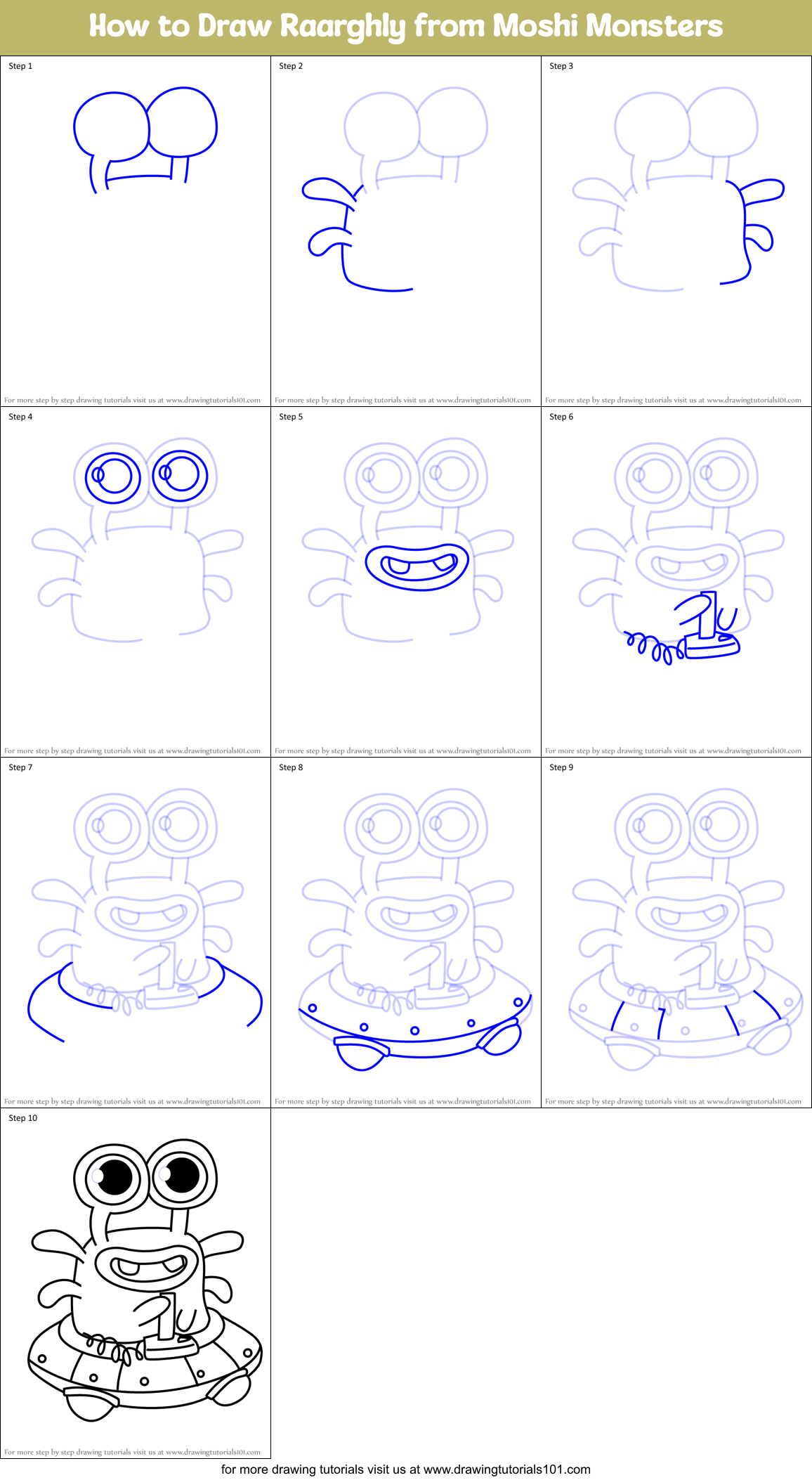 How to Draw Raarghly from Moshi Monsters Printable Step by Step