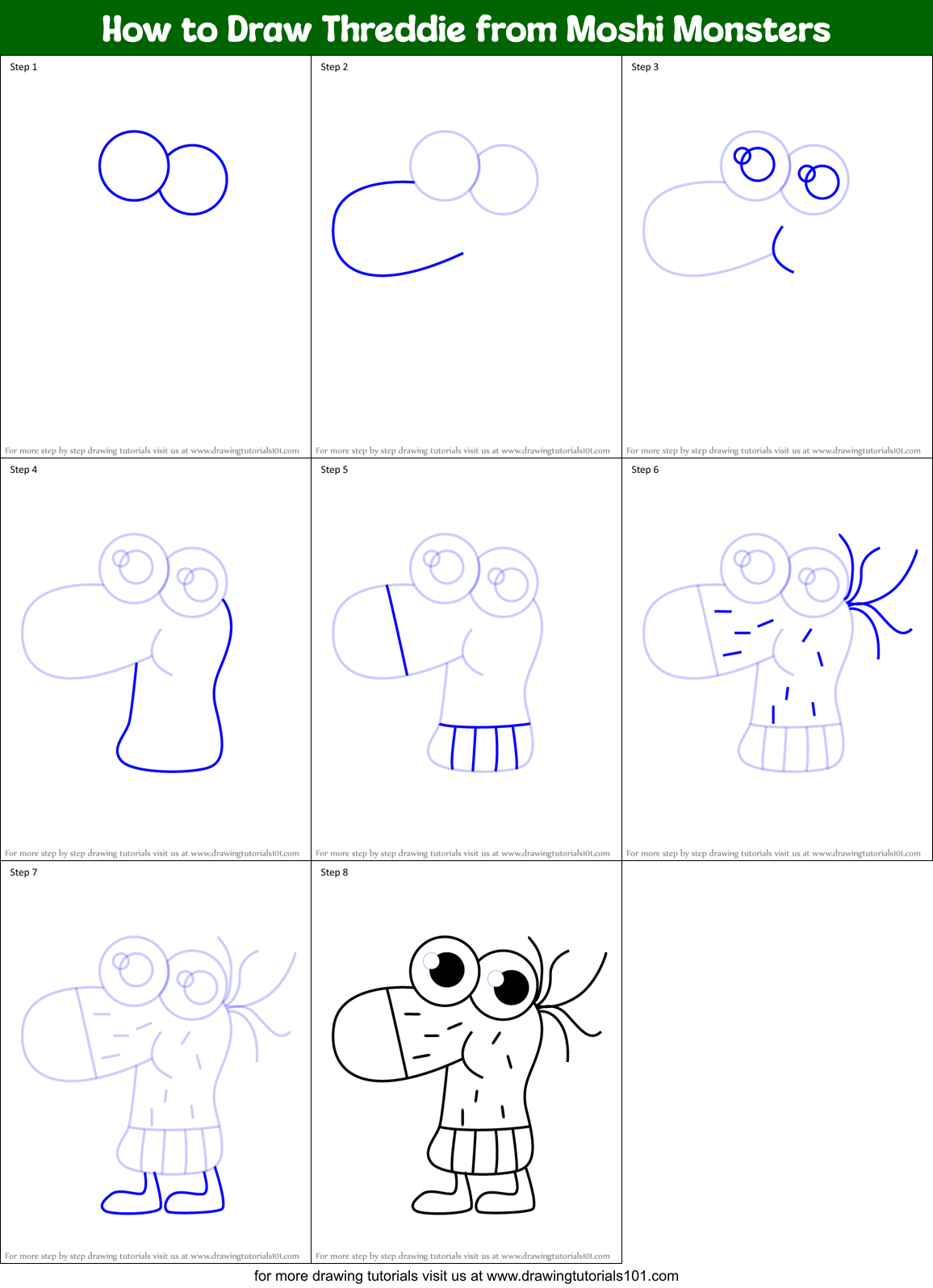How to Draw Threddie from Moshi Monsters Printable Step by Step