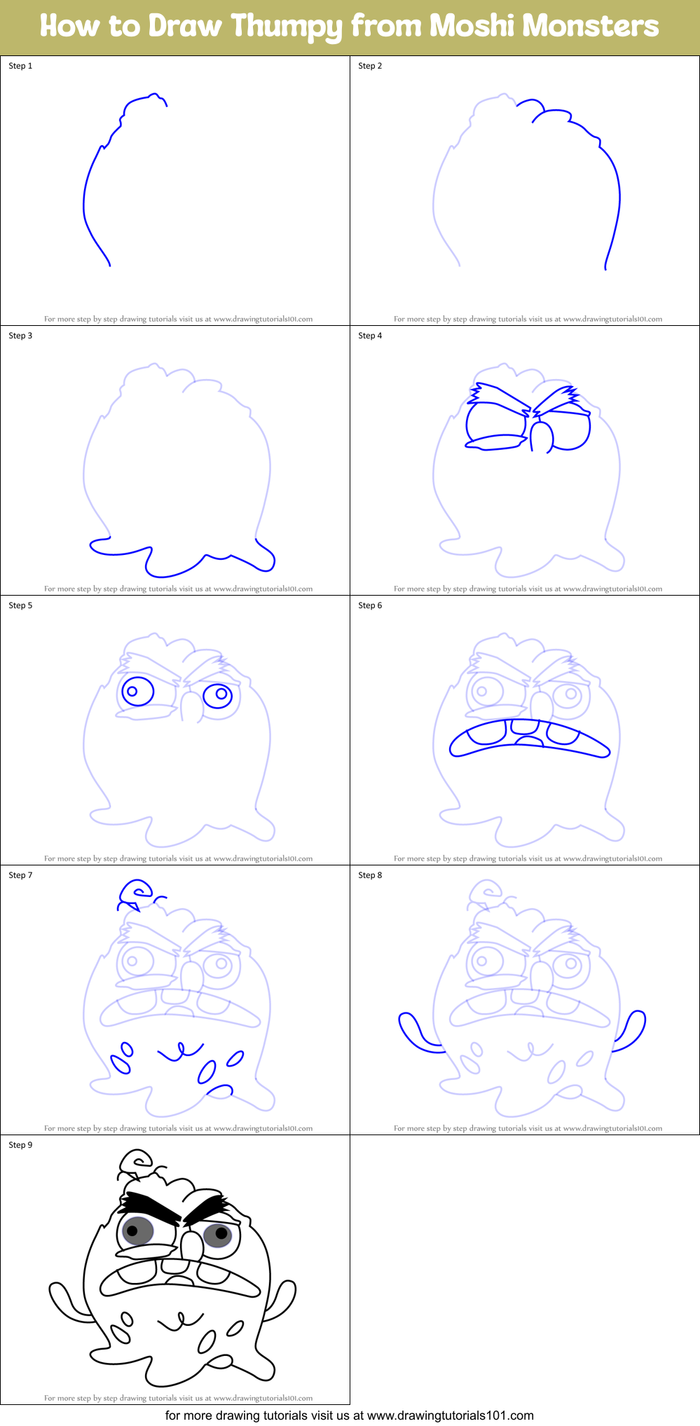 How to Draw Thumpy from Moshi Monsters Printable Step by Step