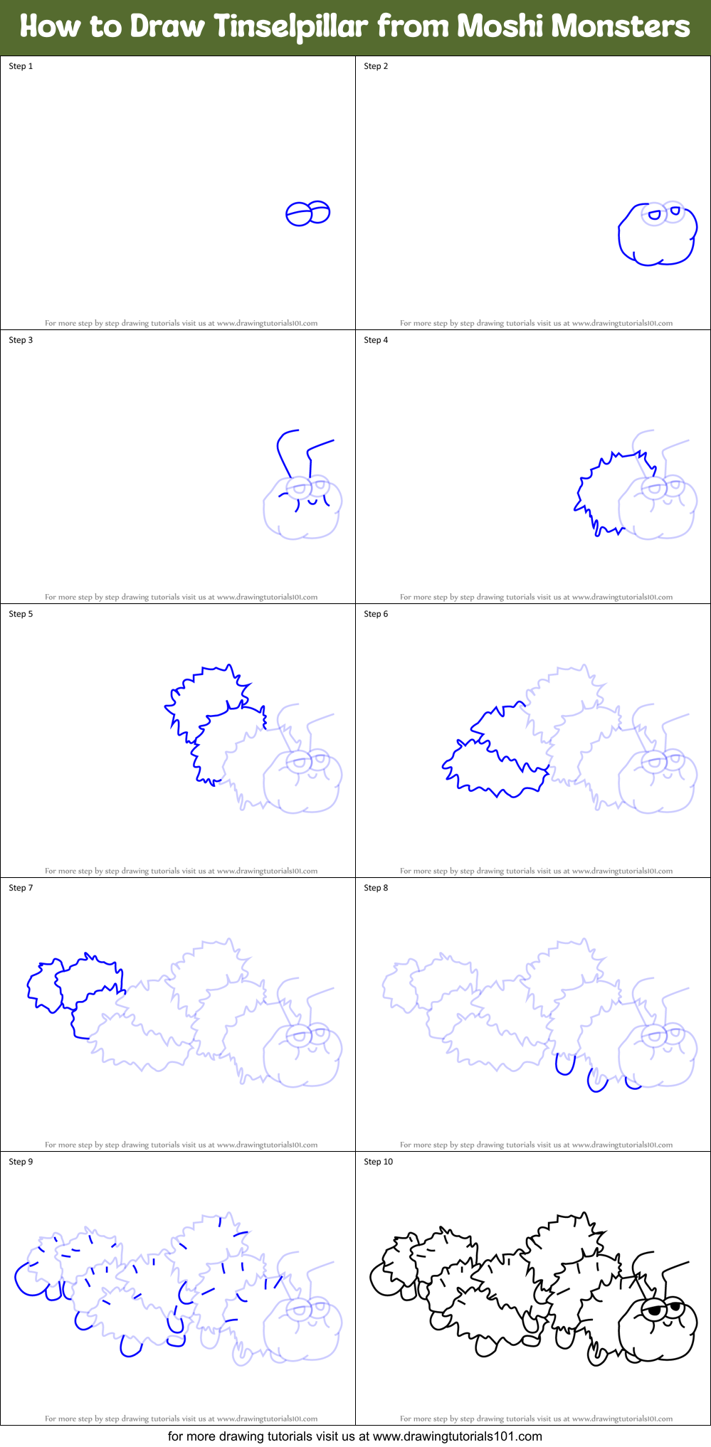 How to Draw Tinselpillar from Moshi Monsters Printable Step by Step