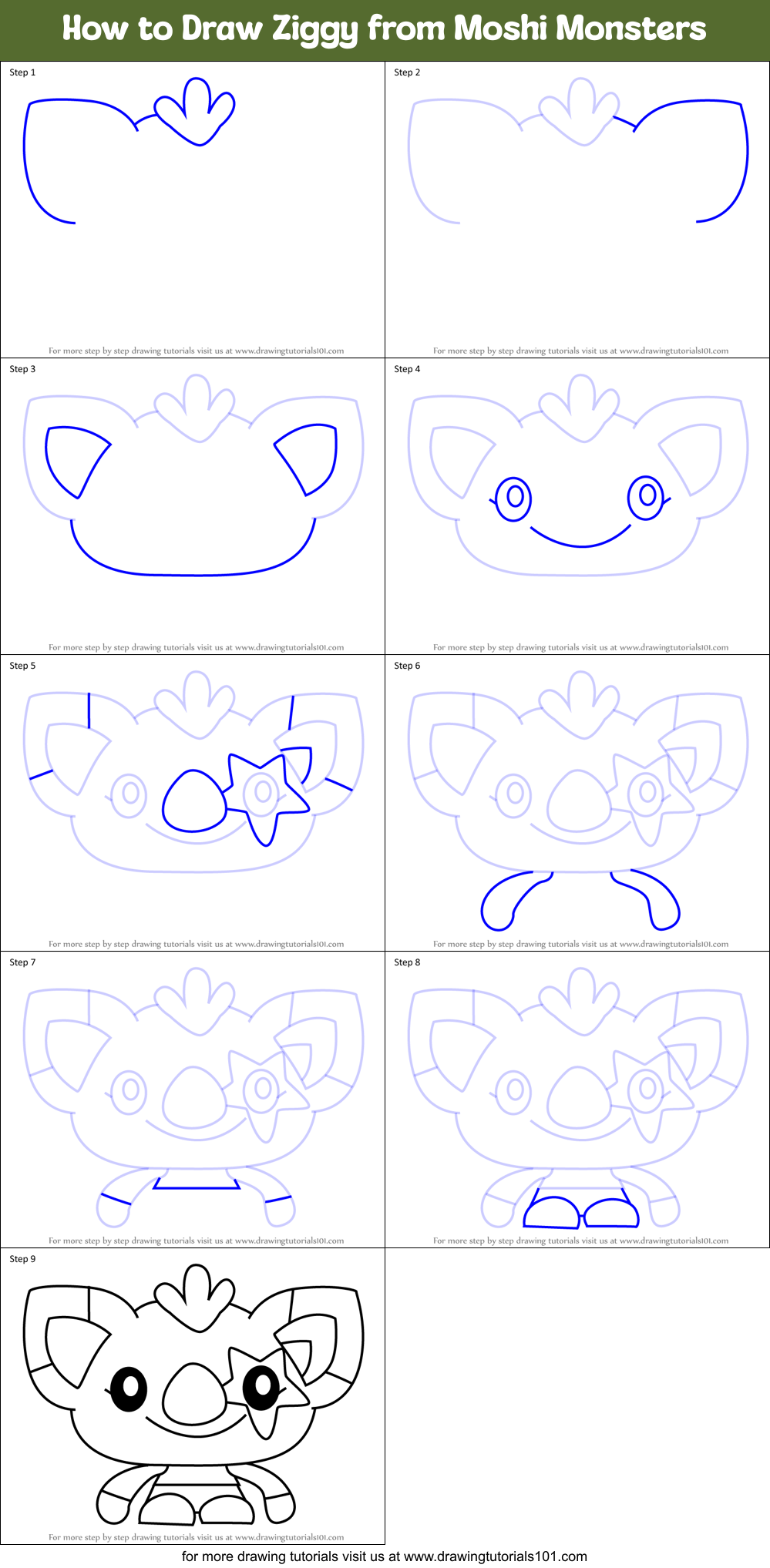 How to Draw Ziggy from Moshi Monsters Printable Step by Step