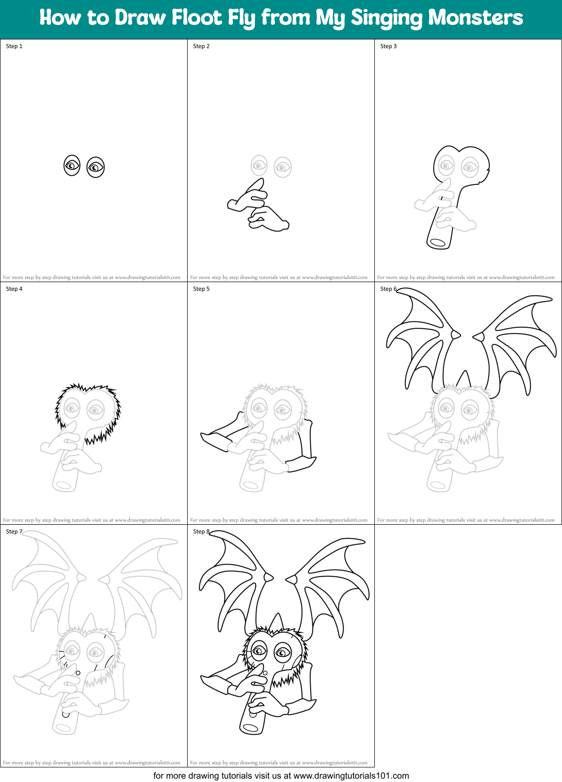 How to Draw Floot Fly from My Singing Monsters Printable Step by Step