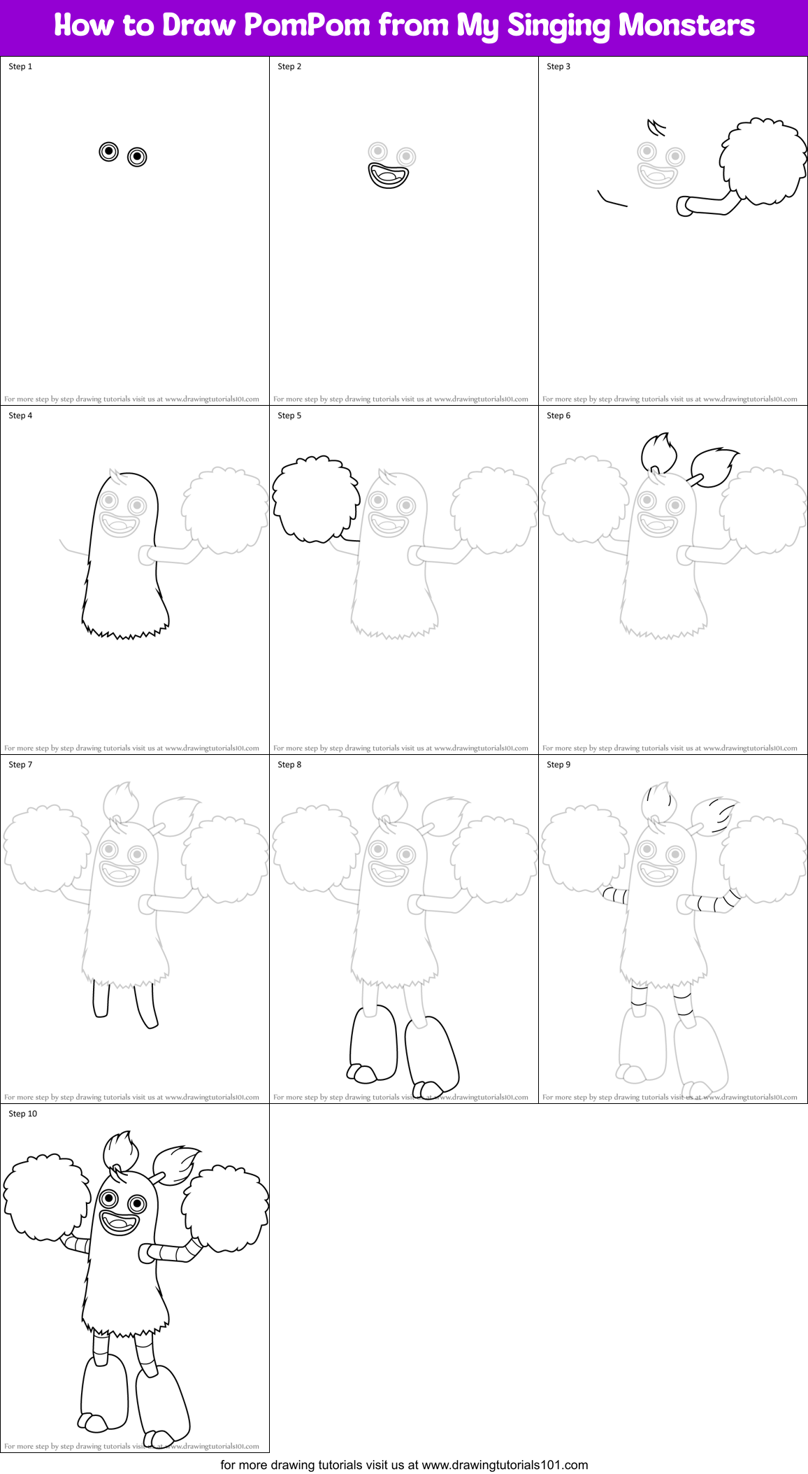 How to Draw PomPom from My Singing Monsters Printable Step by Step