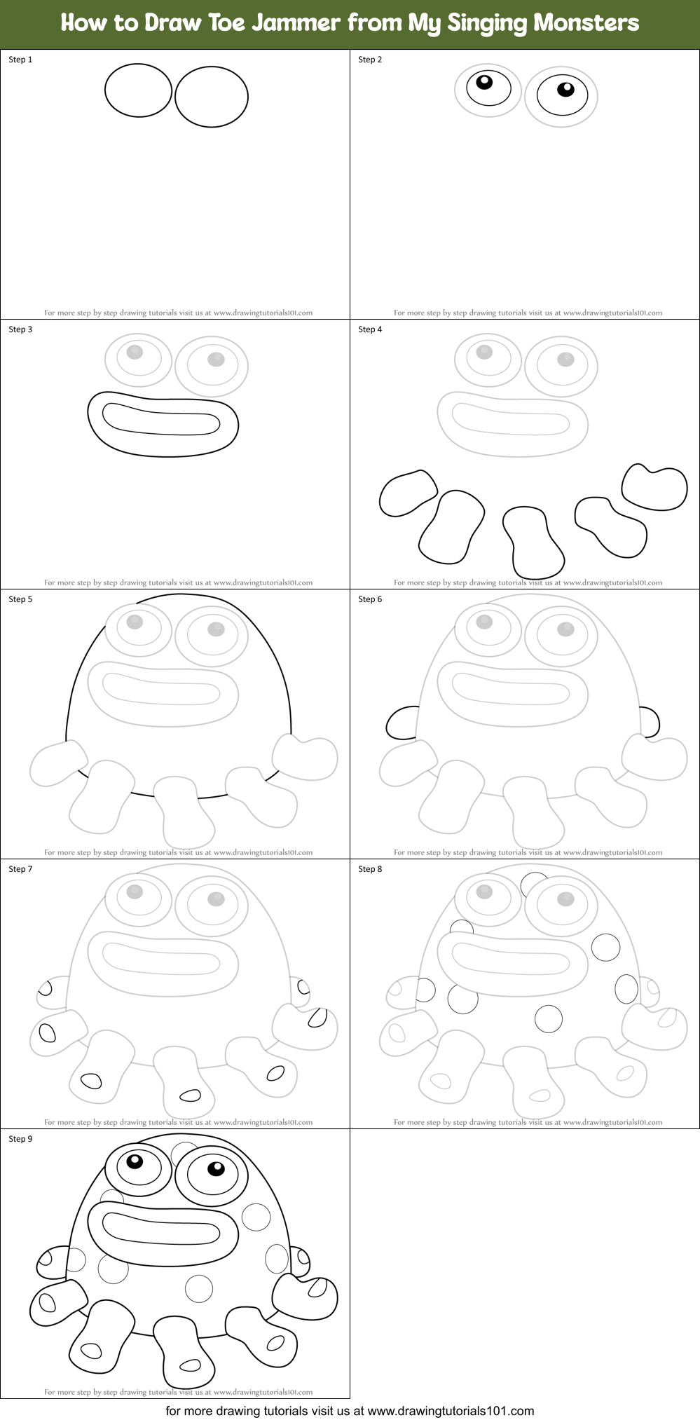 How to Draw Toe Jammer from My Singing Monsters Printable Step by Step