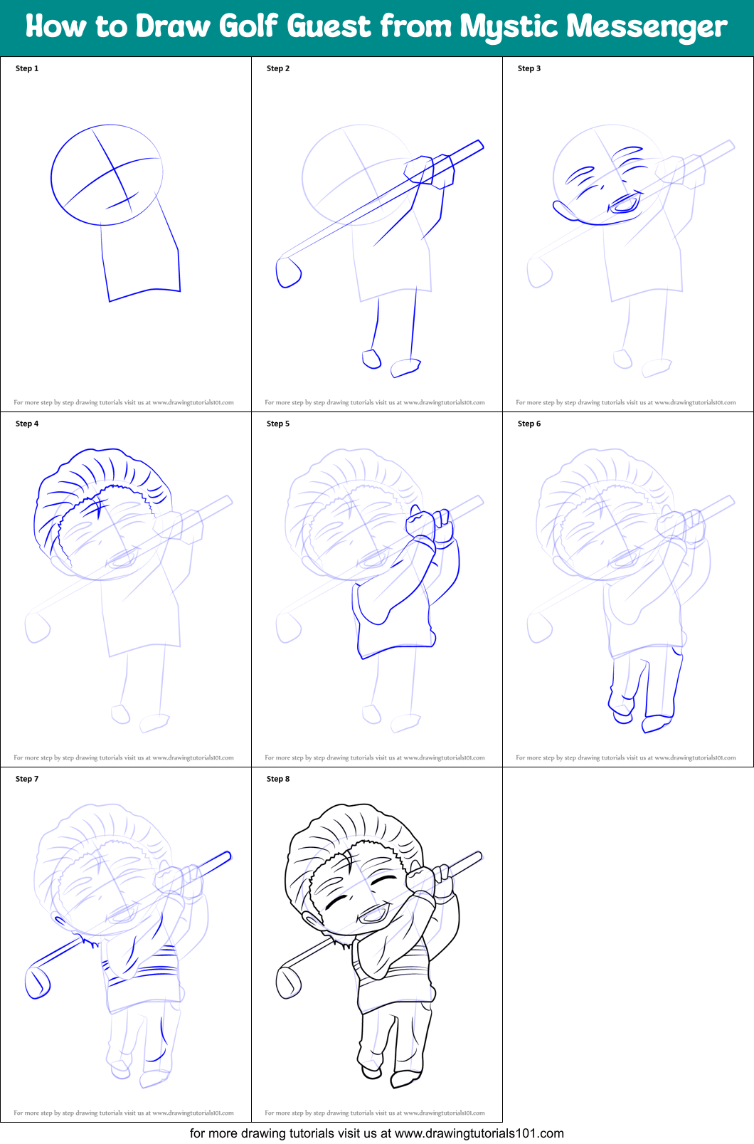 How to Draw Golf Guest from Mystic Messenger Printable Step by Step