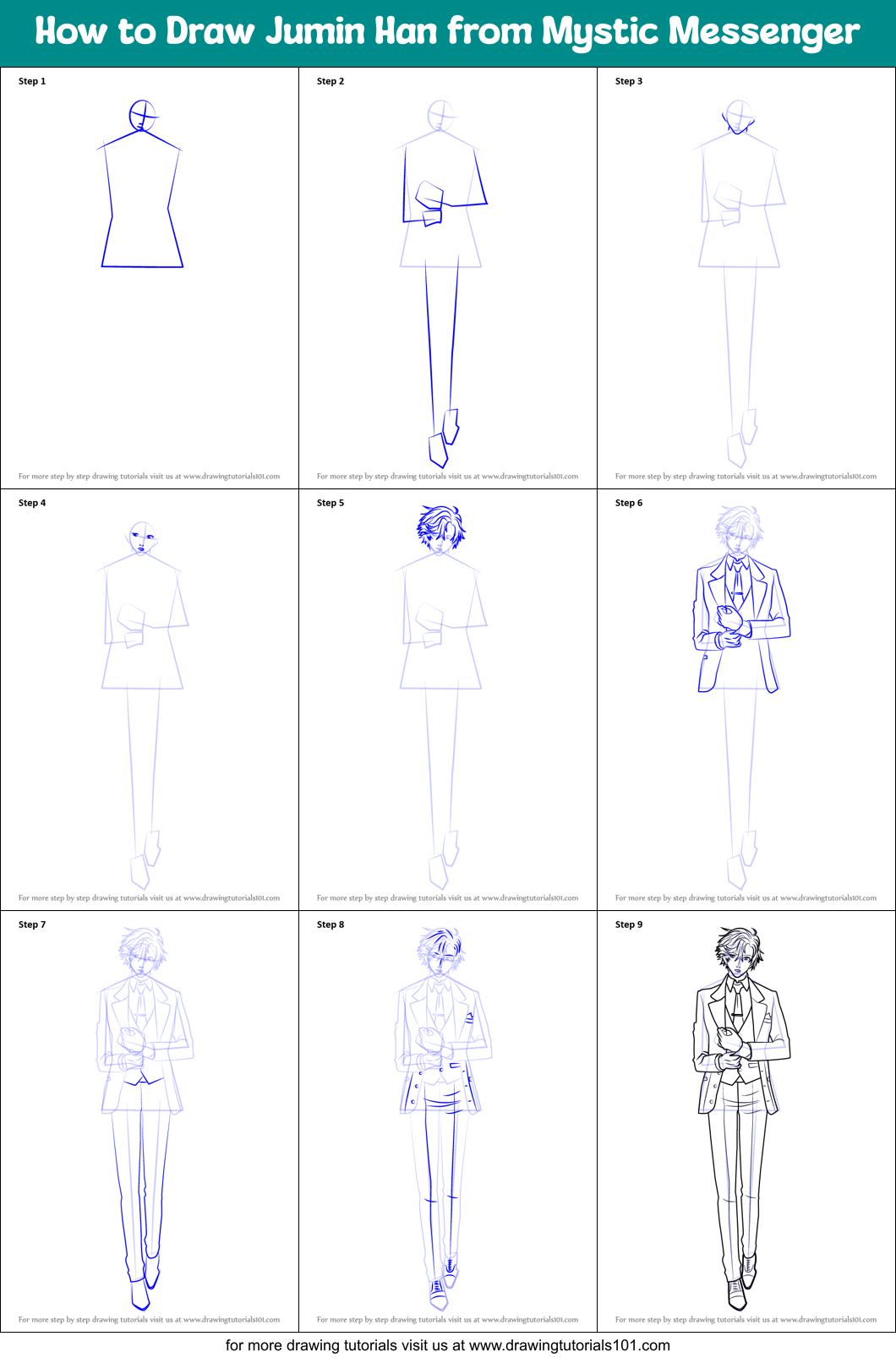 How to Draw Jumin Han from Mystic Messenger Printable Step by Step