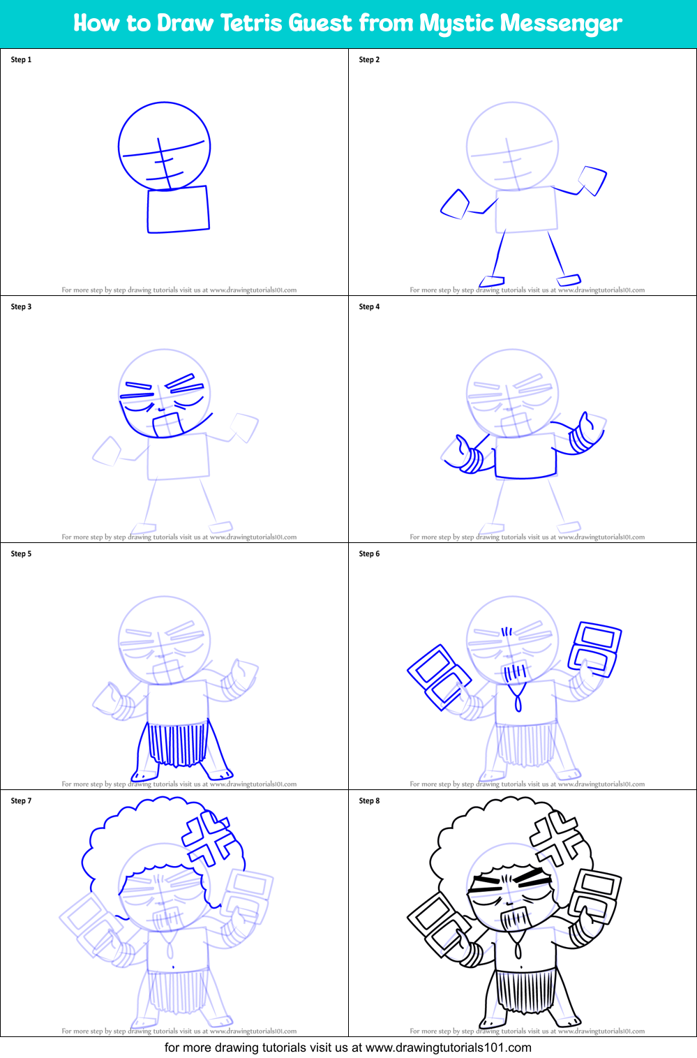 How to Draw Tetris Guest from Mystic Messenger Printable Step by Step