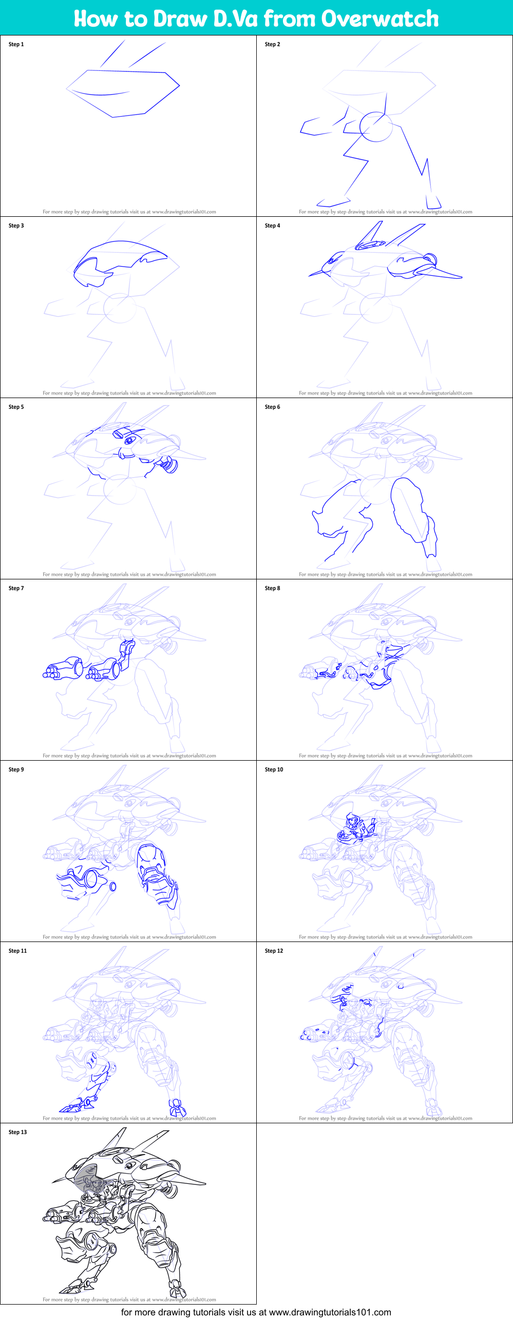 How to Draw D.Va from Overwatch Printable Step by Step