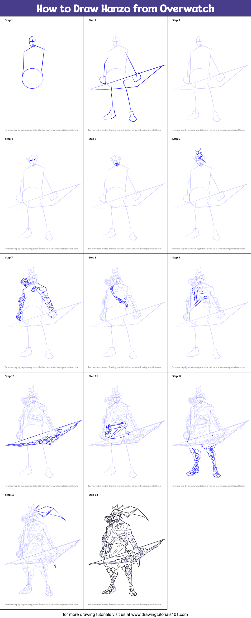 How to Draw Hanzo from Overwatch Printable Step by Step