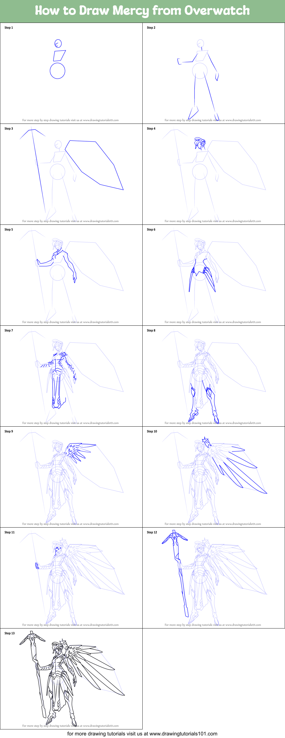 How to Draw Mercy from Overwatch Printable Step by Step