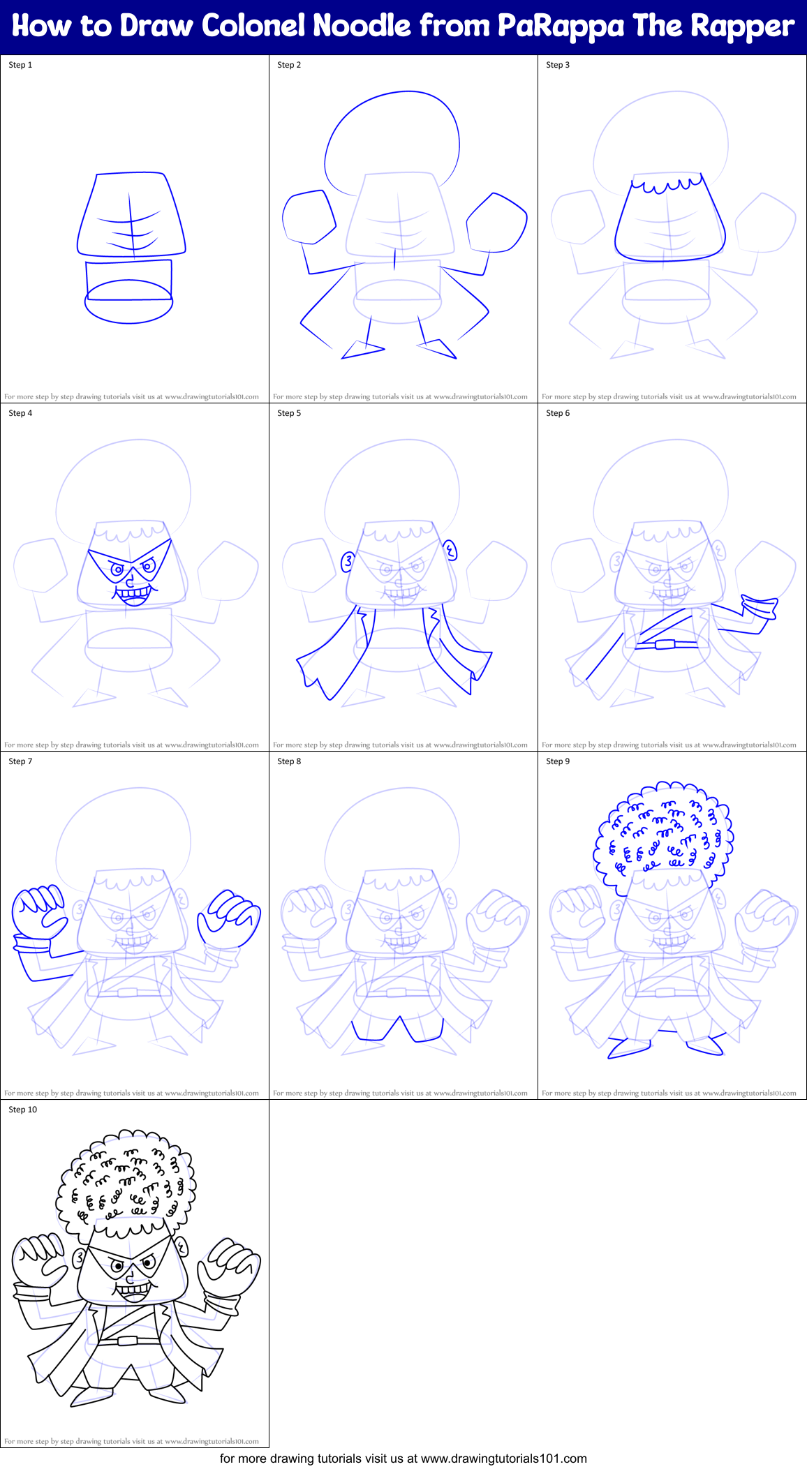 How to Draw Colonel Noodle from PaRappa The Rapper Printable Step by Step