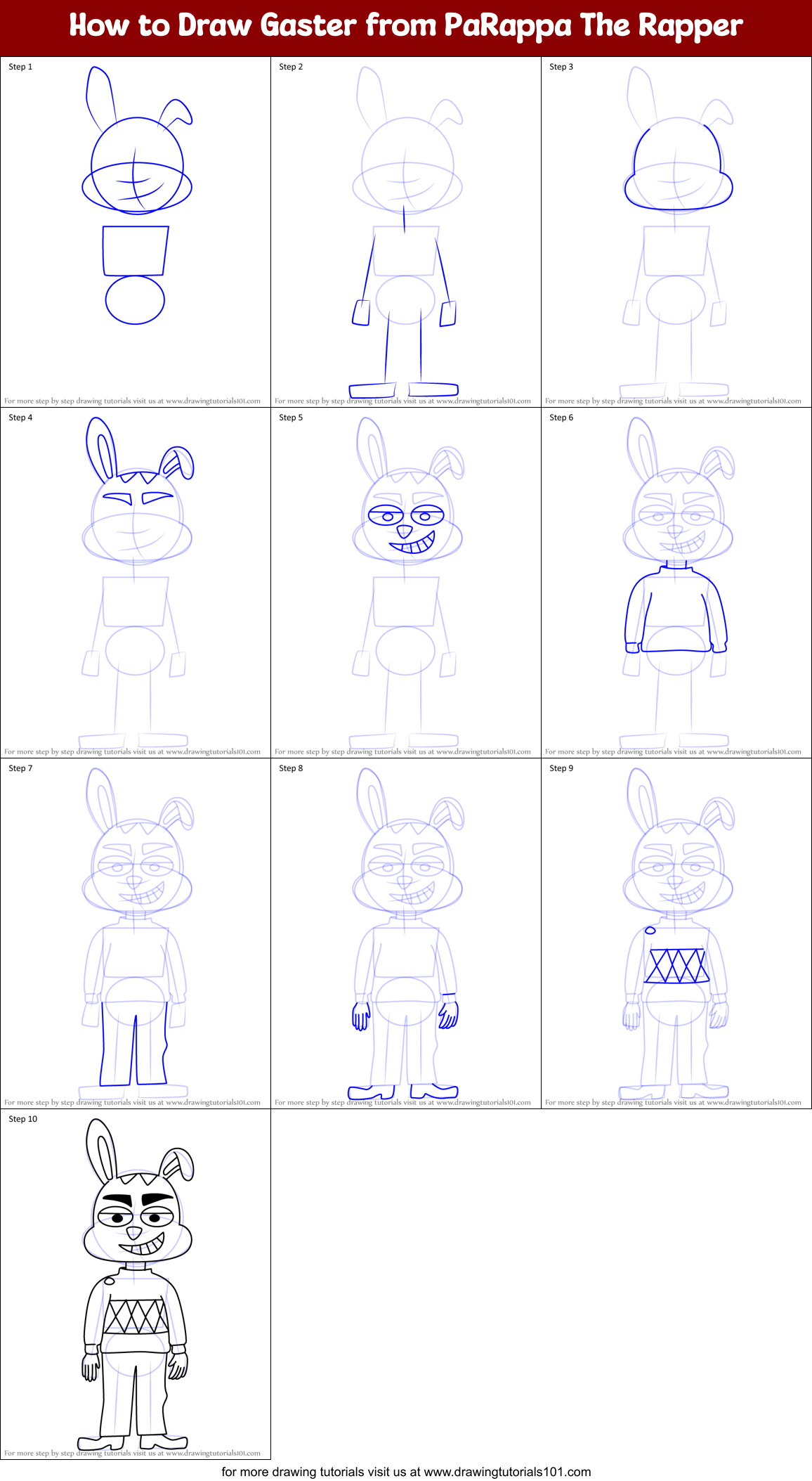 How to Draw Gaster from PaRappa The Rapper Printable Step by Step
