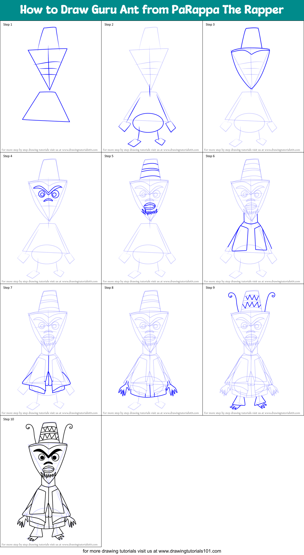 How to Draw Guru Ant from PaRappa The Rapper Printable Step by Step