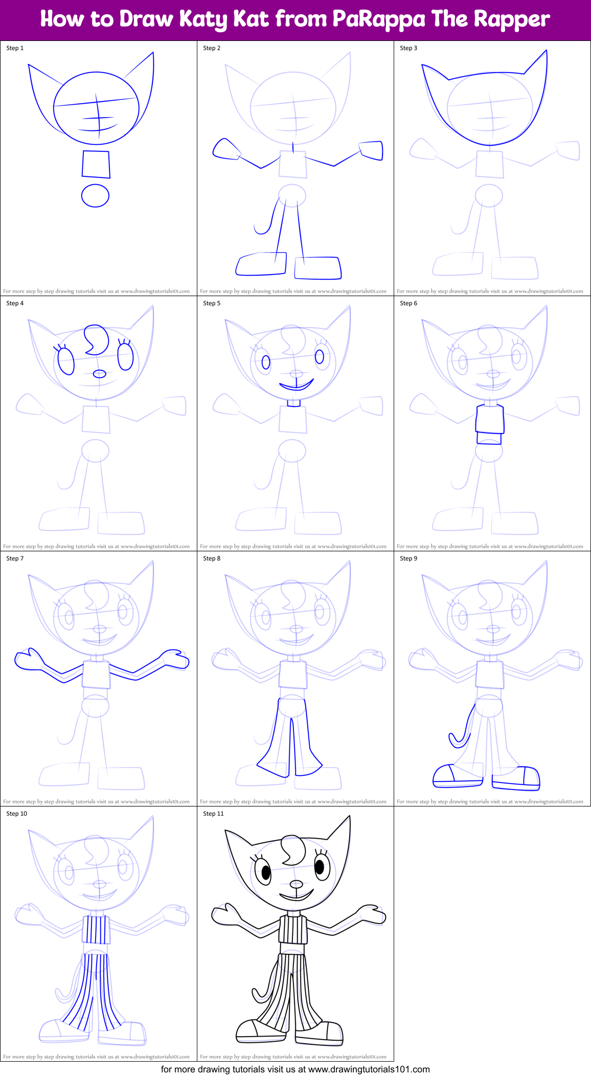 How to Draw Katy Kat from PaRappa The Rapper Printable Step by Step