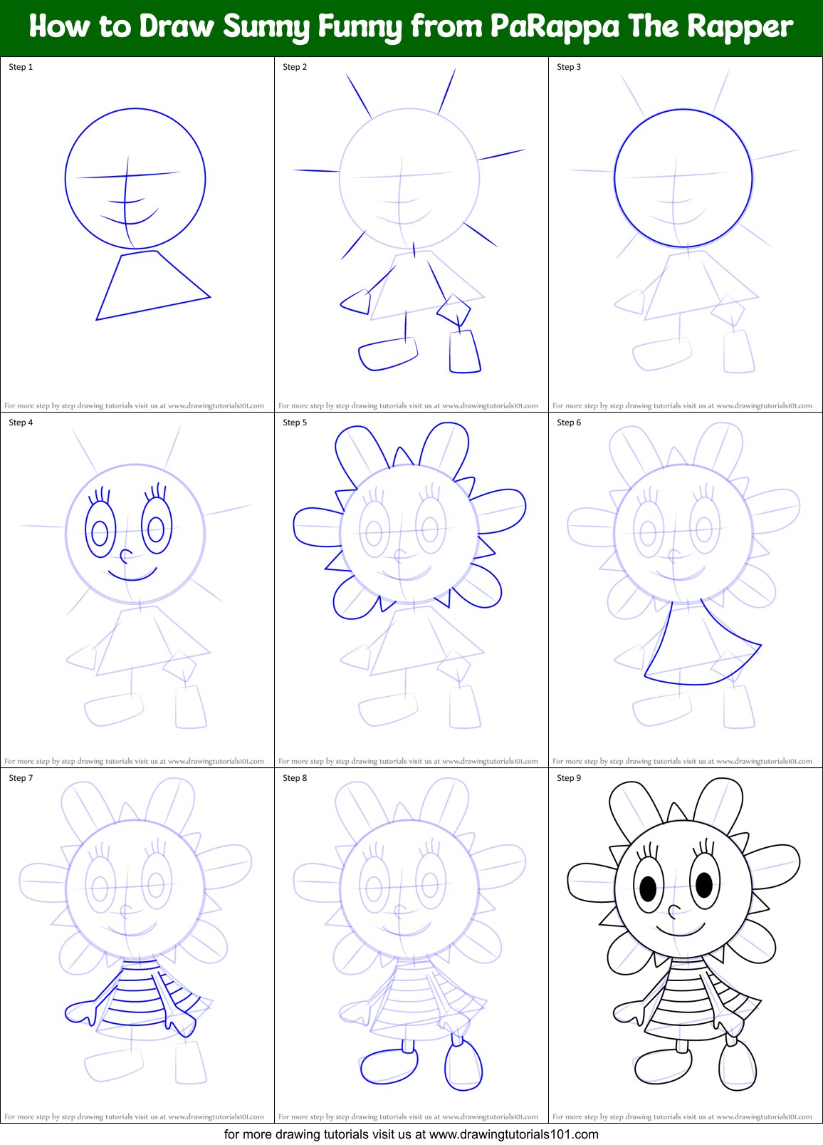 How to Draw Sunny Funny from PaRappa The Rapper Printable Step by Step