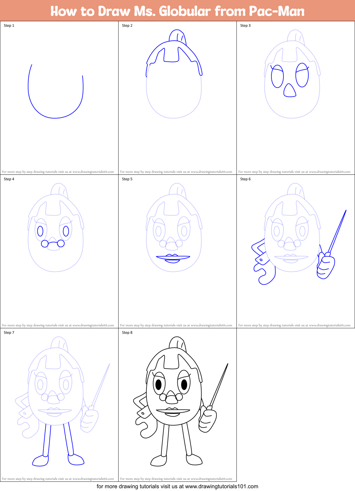 How to Draw Ms. Globular from Pac-Man Printable Step by Step