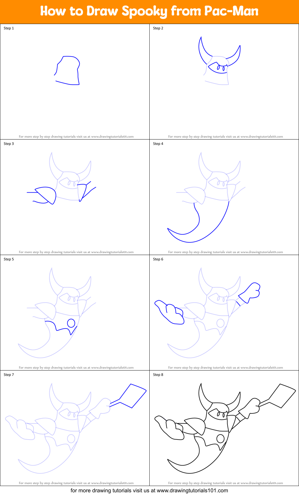 How to Draw Spooky from Pac-Man Printable Step by Step