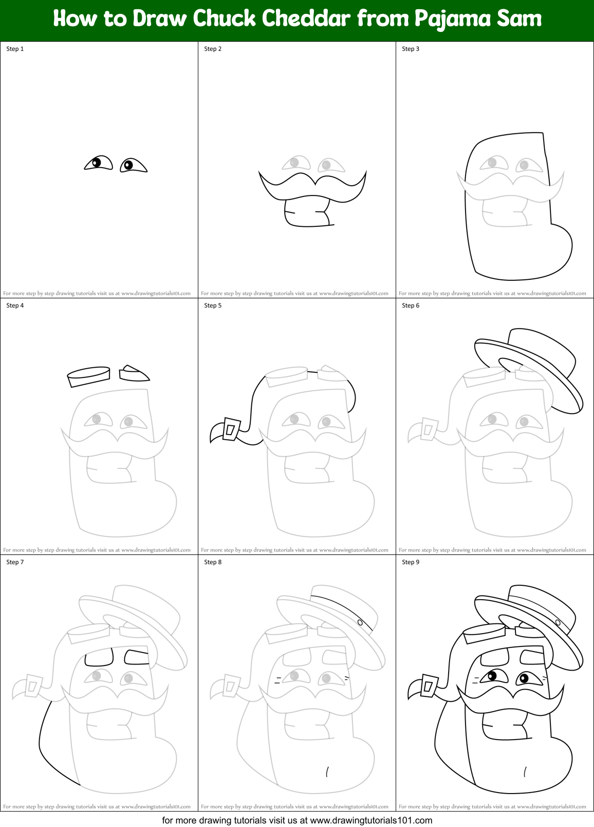 How to Draw Chuck Cheddar from Pajama Sam Printable Step by Step