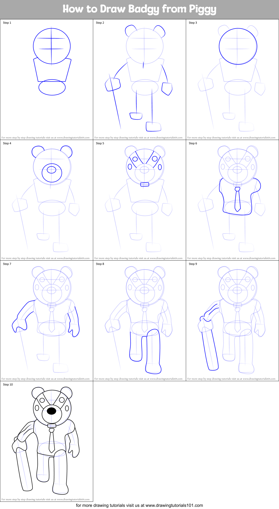 How to Draw Badgy from Piggy Printable Step by Step