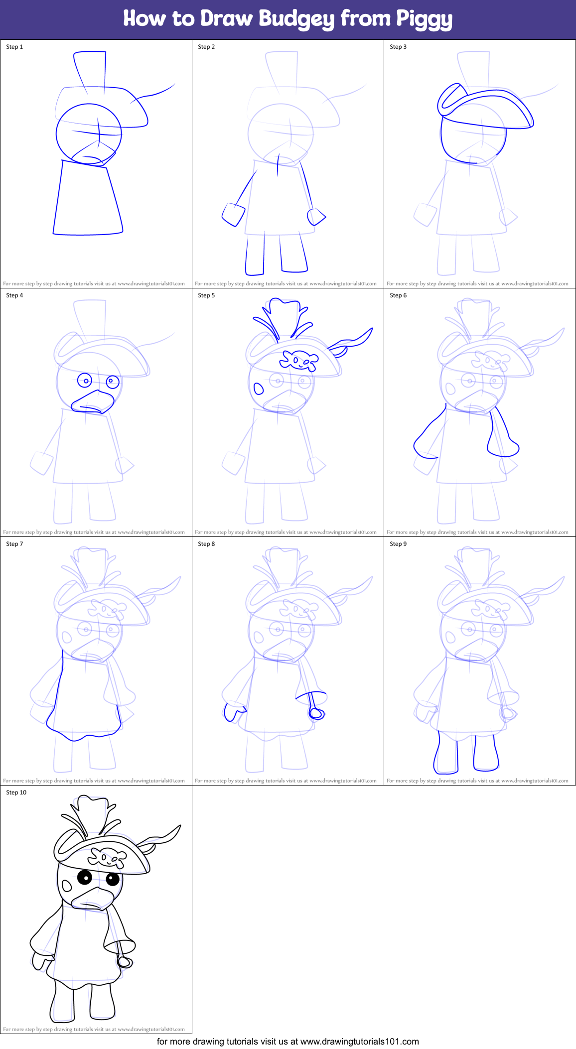 How to Draw Budgey from Piggy Printable Step by Step