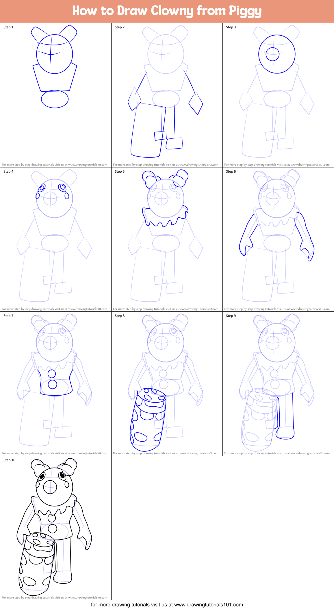 How to Draw Clowny from Piggy Printable Step by Step