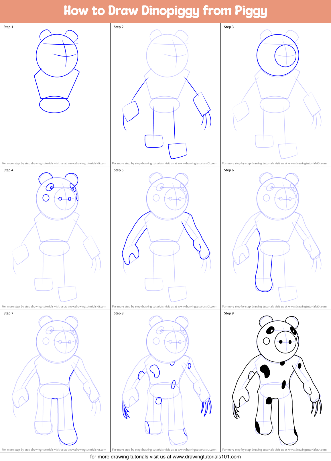 How to Draw Dinopiggy from Piggy Printable Step by Step