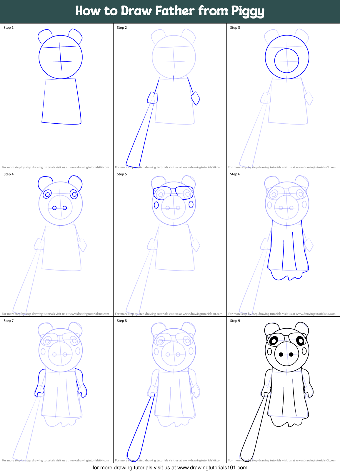 How to Draw Father from Piggy Printable Step by Step