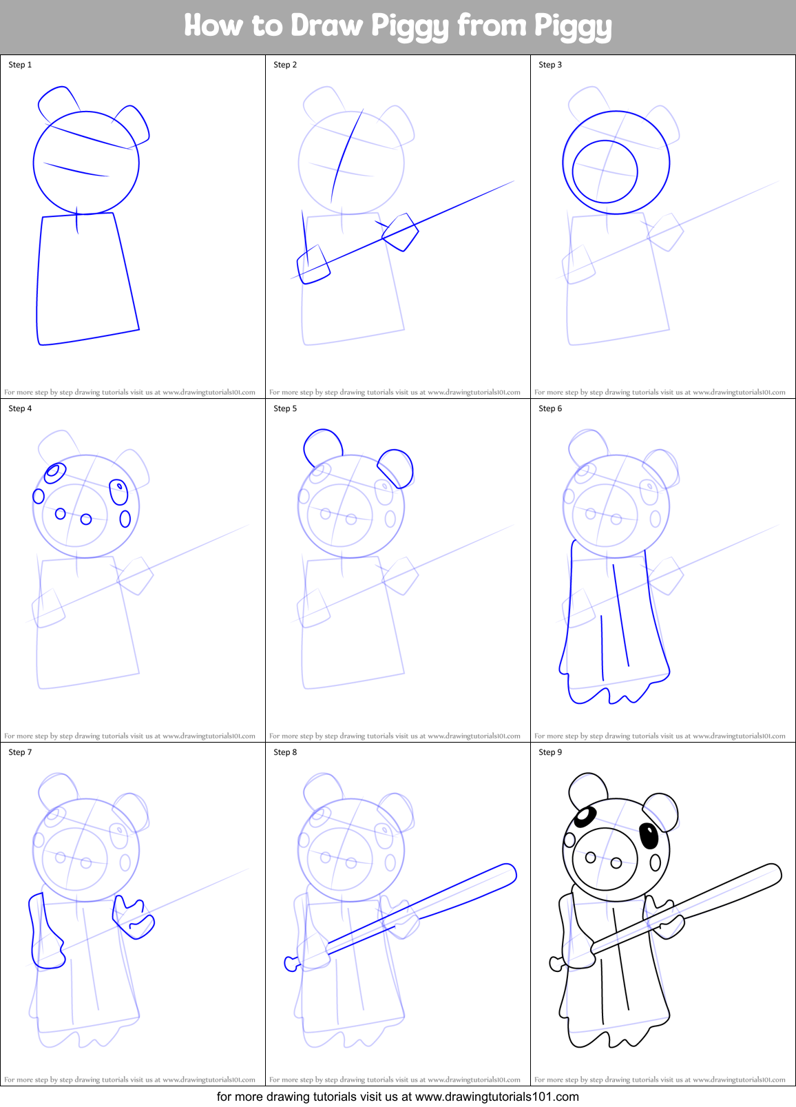 How to Draw Piggy from Piggy Printable Step by Step
