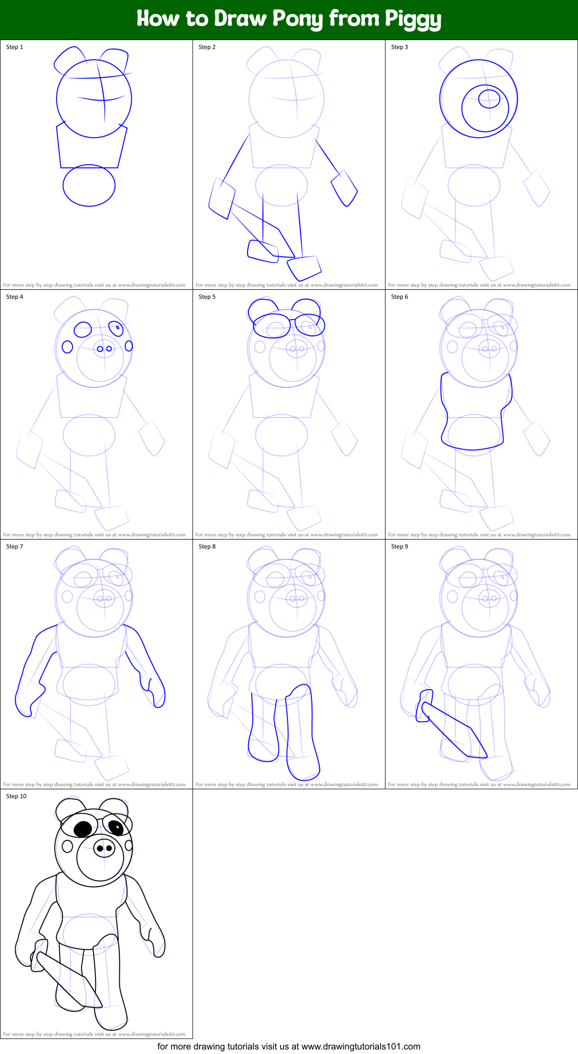 How to Draw Pony from Piggy Printable Step by Step